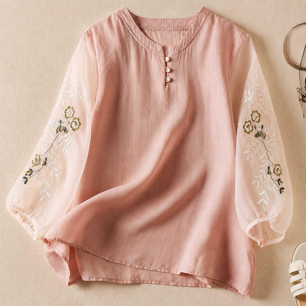 Pure Cotton Embroidered Organza Sleeves Top