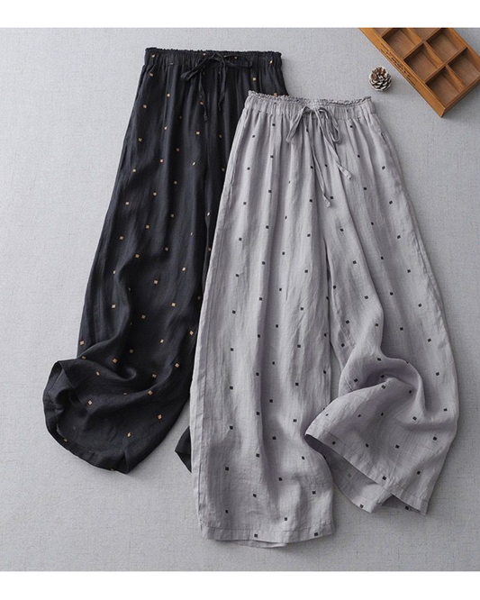 Pure Viscose Linen Printed Polkadot Plazo Pants for Women