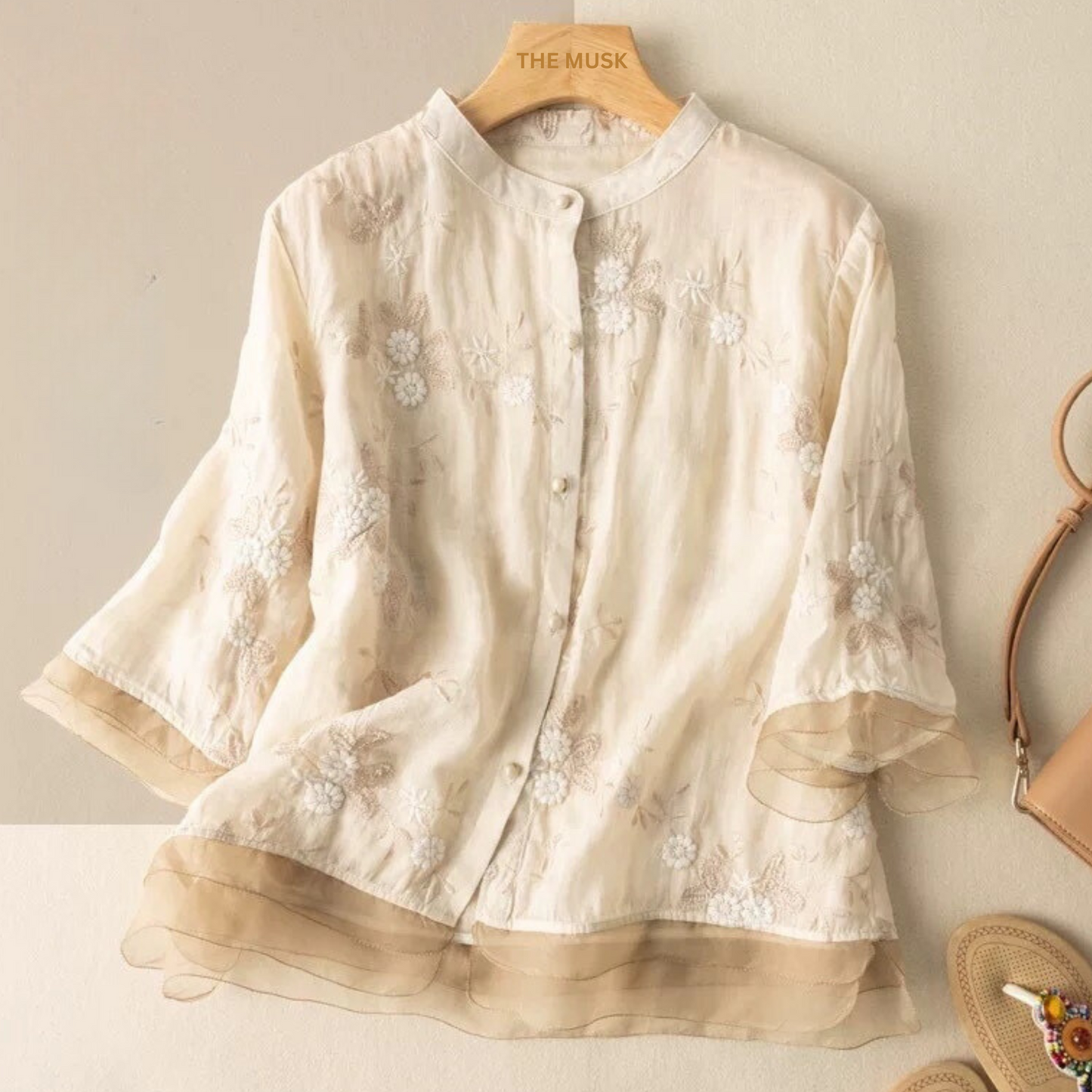 Cream Floral Embroidered Women's Pure Cotton Boat Collar Shirt WIth Organza on Hamp and Cuff