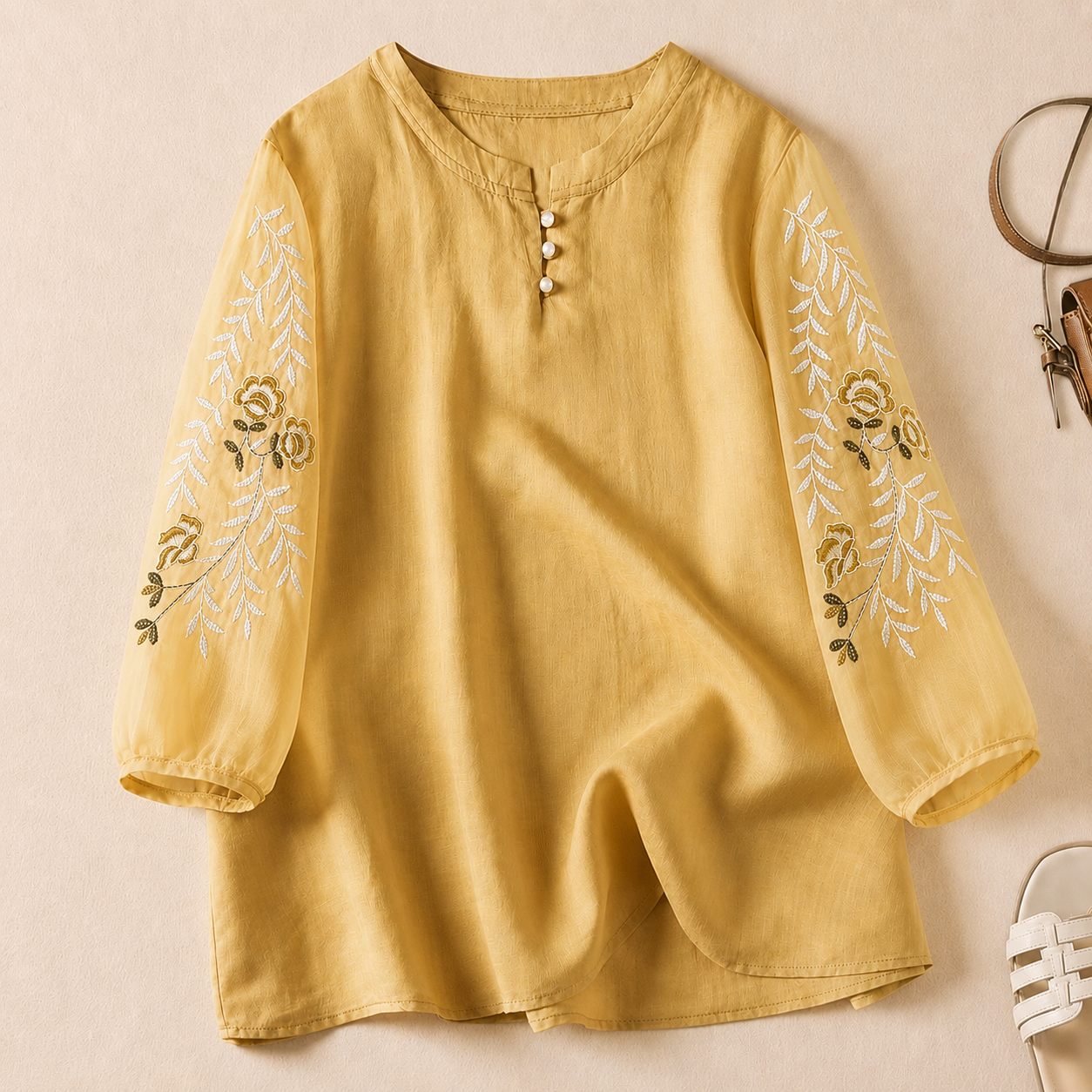 Pure Cotton Embroidered Organza Sleeves Top