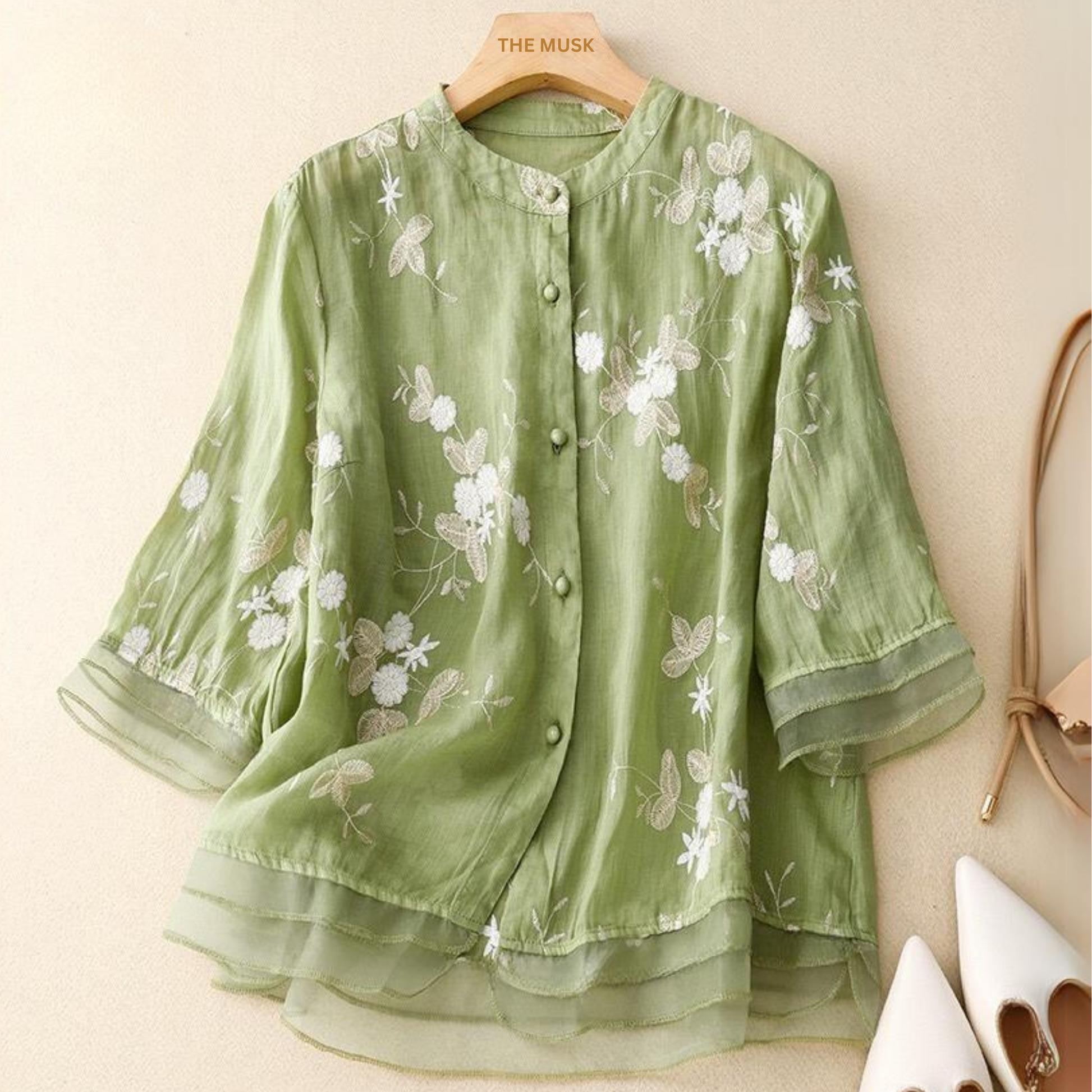 Green Floral Embroidered Women's Pure Cotton Boat Collar Shirt WIth Organza on Hamp and Cuff