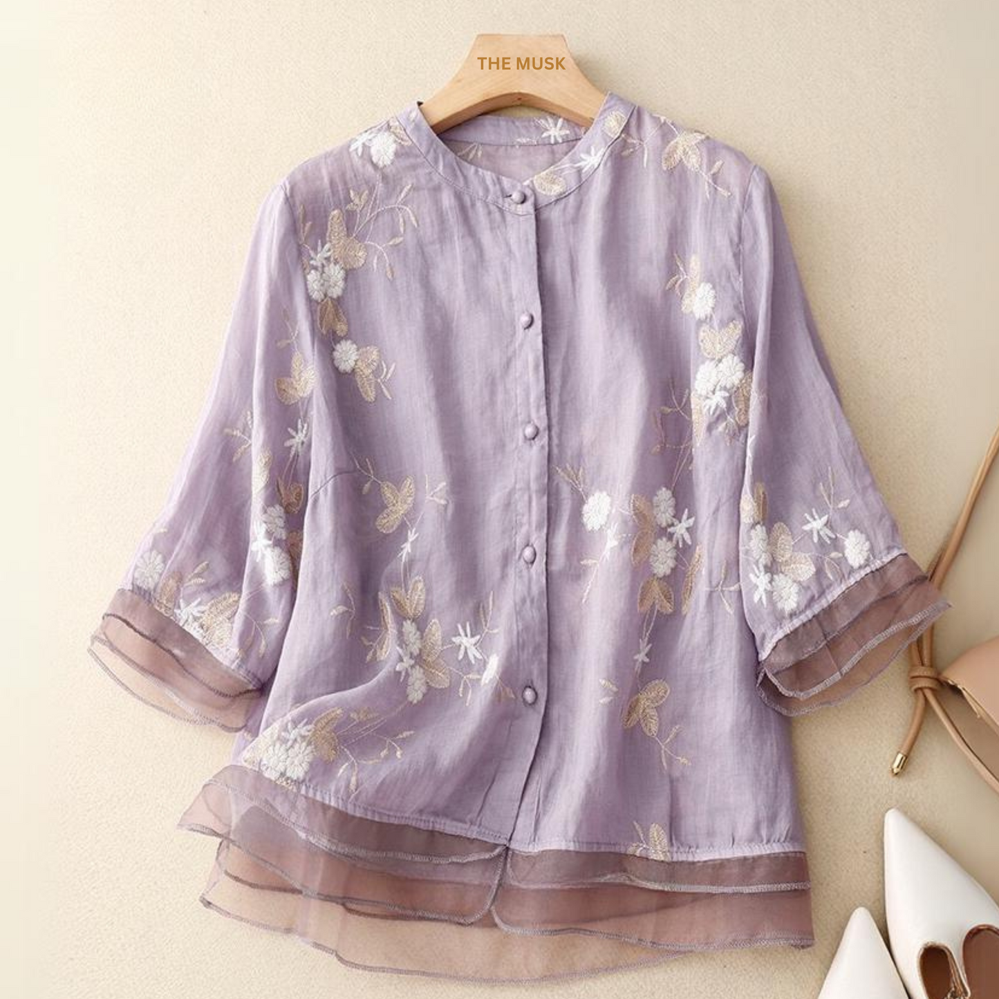 Purple Floral Embroidered Women's Pure Cotton Boat Collar Shirt WIth Organza on Hamp and Cuff