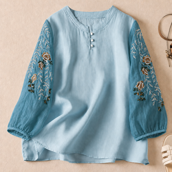 Pure Cotton Embroidered Organza Sleeves Top