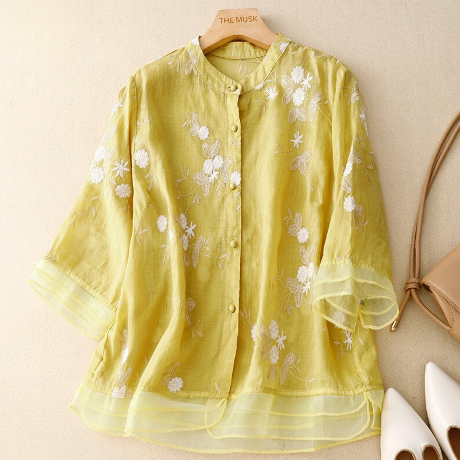 Yellow Floral Embroidered Women's Pure Cotton Boat Collar Shirt WIth Organza on Hamp and Cuff