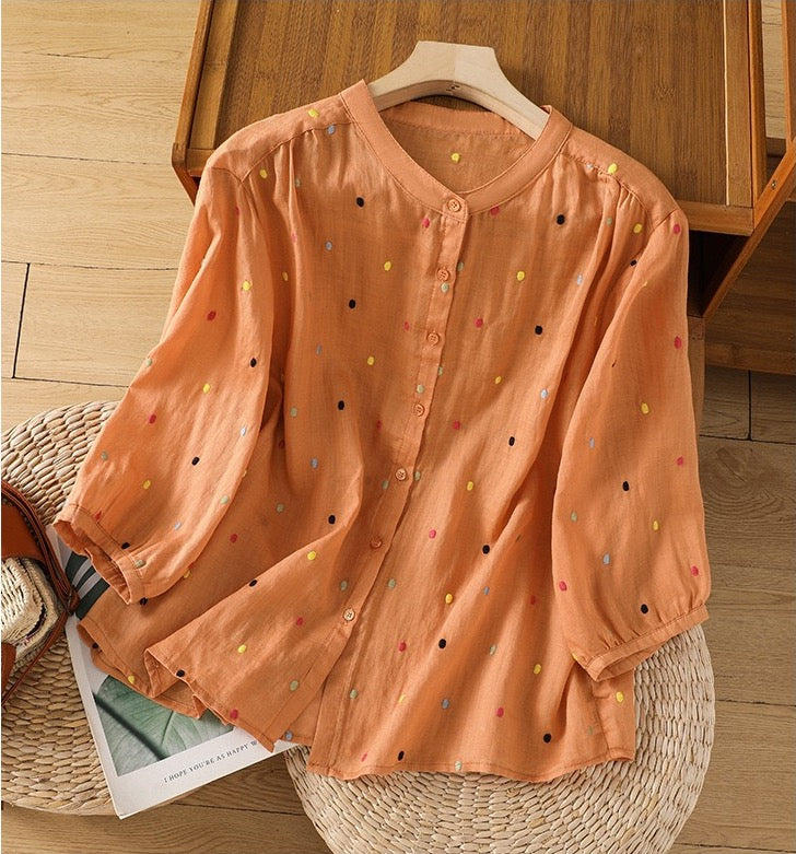 Orange Pure Cotton Embroidered Boat Neck Women's Comfortable Shirt