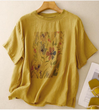 Pure Linen Cotton Round Neck Printed Top T-Shirt