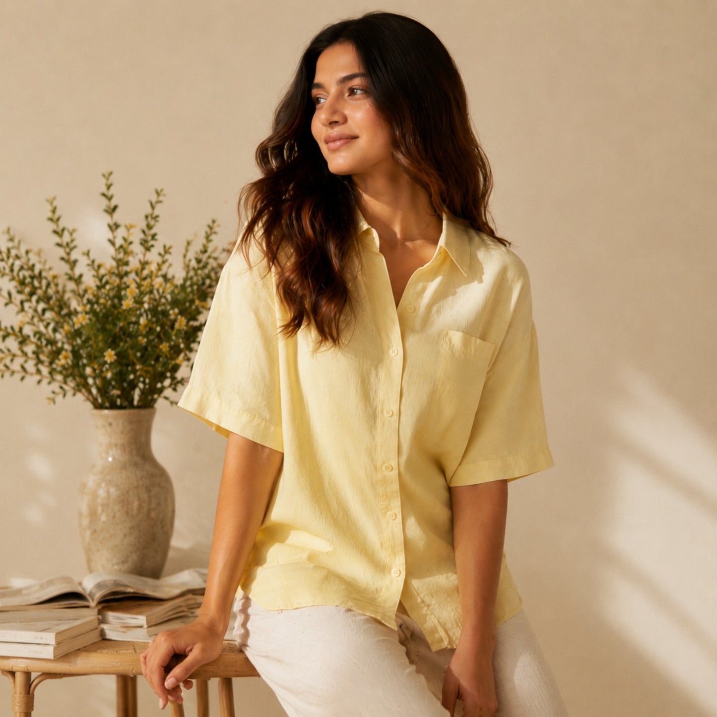 Pure Cotton Casual Wear Women's Half Sleeve Pocket Shirt