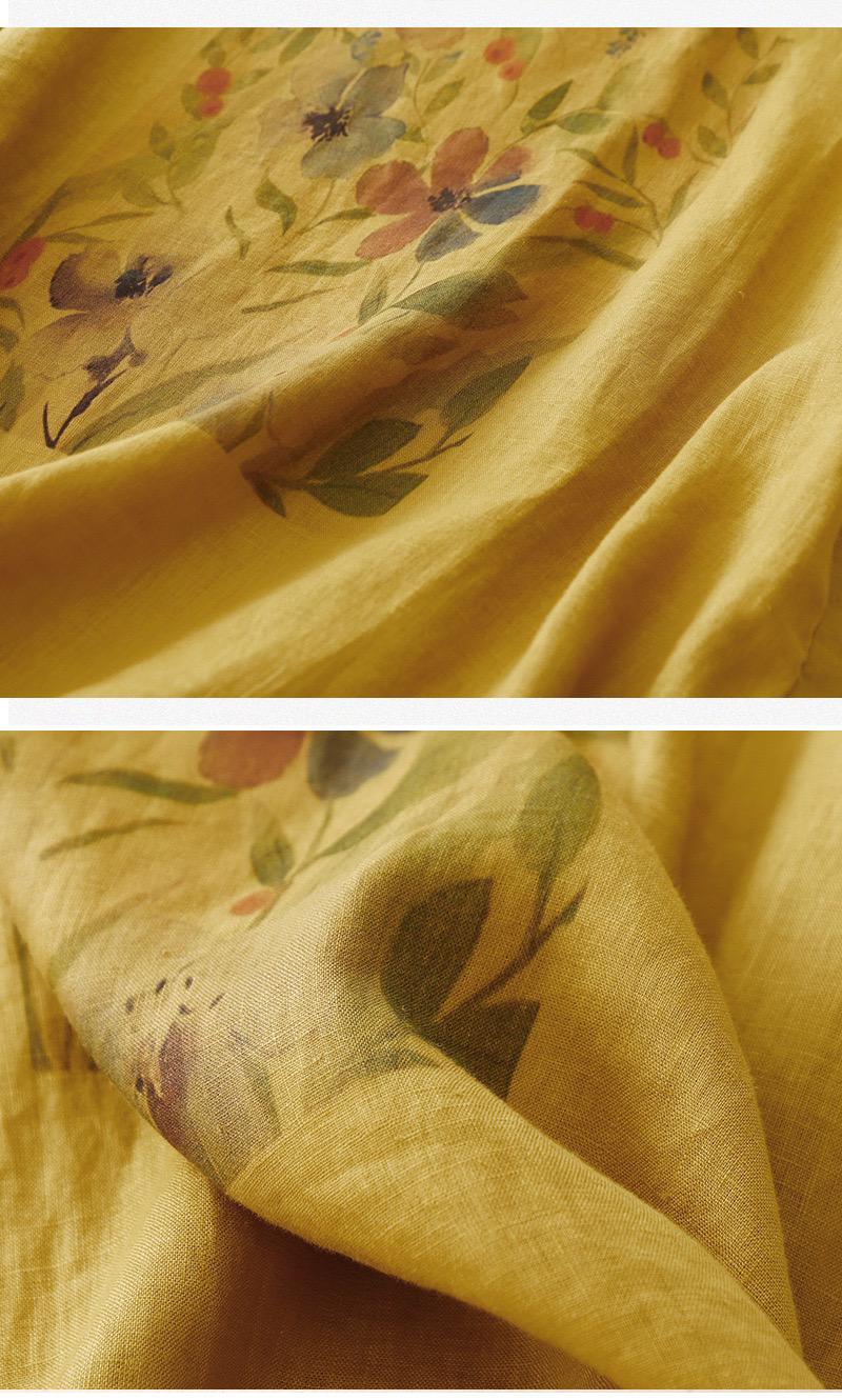 Pure Linen Cotton Round Neck Printed Top T-Shirt