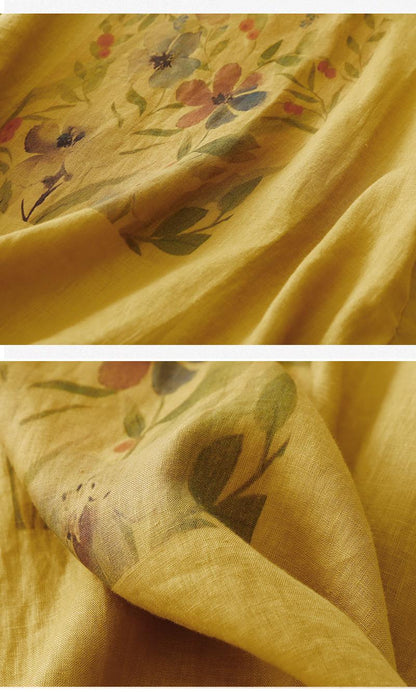 Pure Linen Cotton Round Neck Printed Top T-Shirt