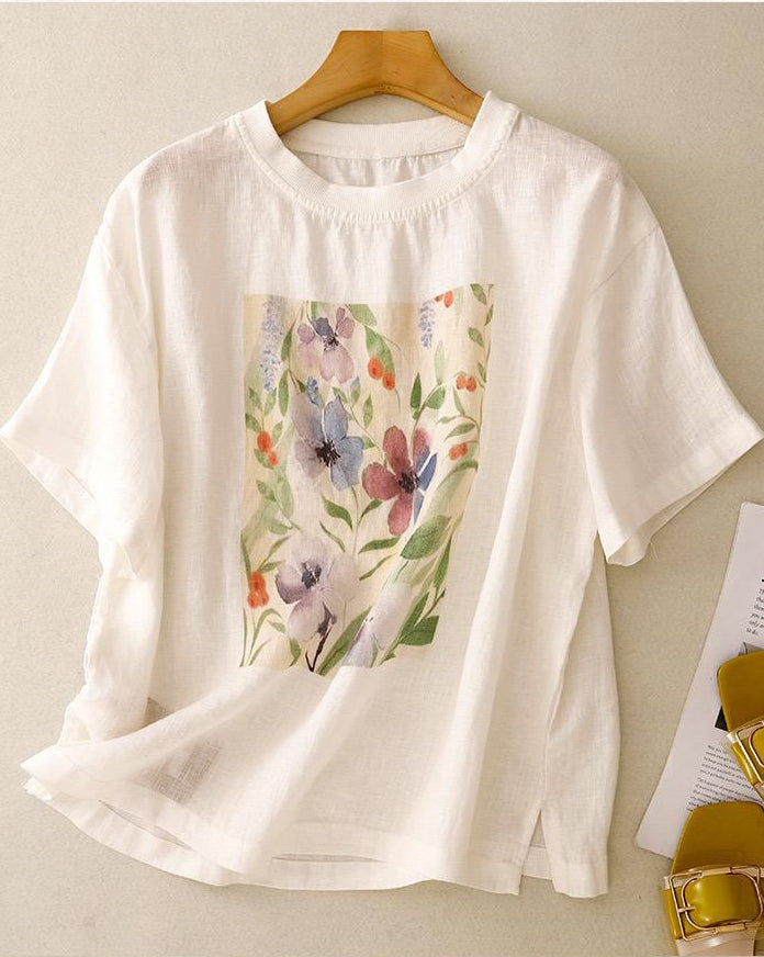 Pure Linen Cotton Round Neck Printed Top T-Shirt
