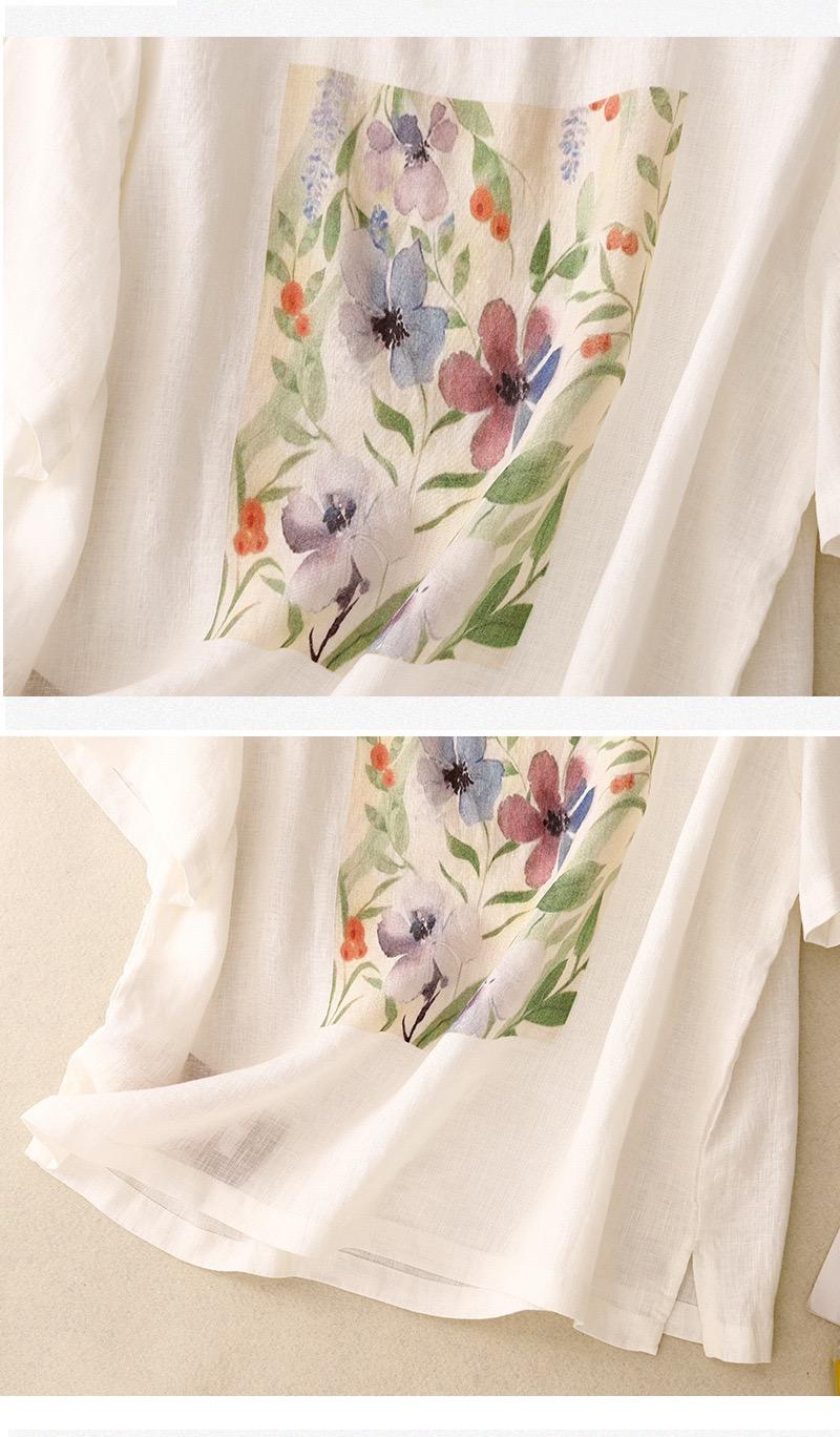 Pure Linen Cotton Round Neck Printed Top T-Shirt