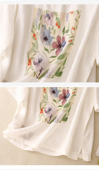 Pure Linen Cotton Round Neck Printed Top T-Shirt