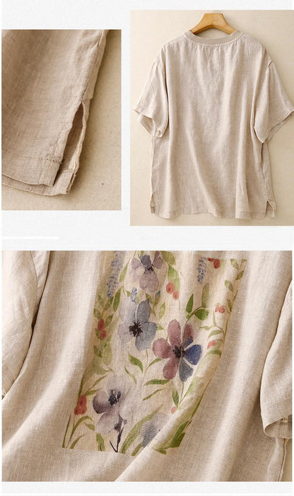 Pure Linen Cotton Round Neck Printed Top T-Shirt