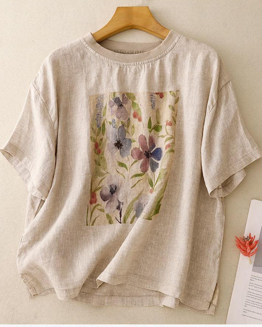 Pure Linen Cotton Round Neck Printed Top T-Shirt