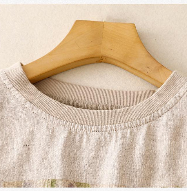 Pure Linen Cotton Round Neck Printed Top T-Shirt