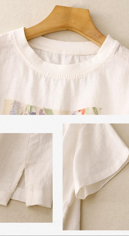 Pure Linen Cotton Round Neck Printed Top T-Shirt