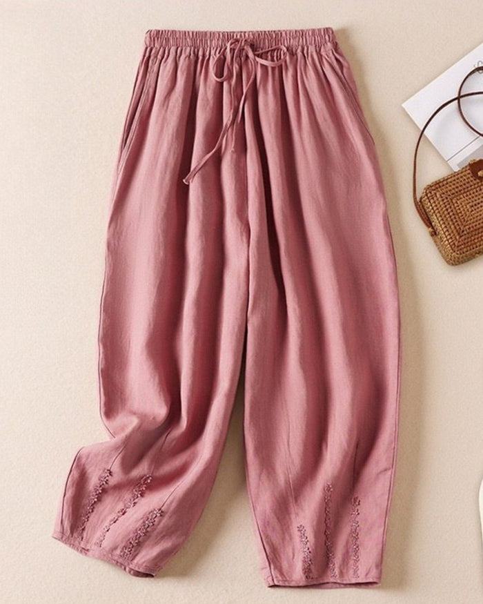 Pure Viscose Linen Women's Comfort-Fit Embroidered Pants