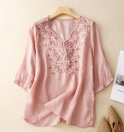 Women's Cotton Linen V Neck Retro Embroidered comfort Casual Top