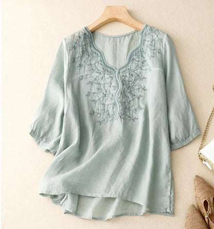 Women's Cotton Linen V Neck Retro Embroidered comfort Casual Top