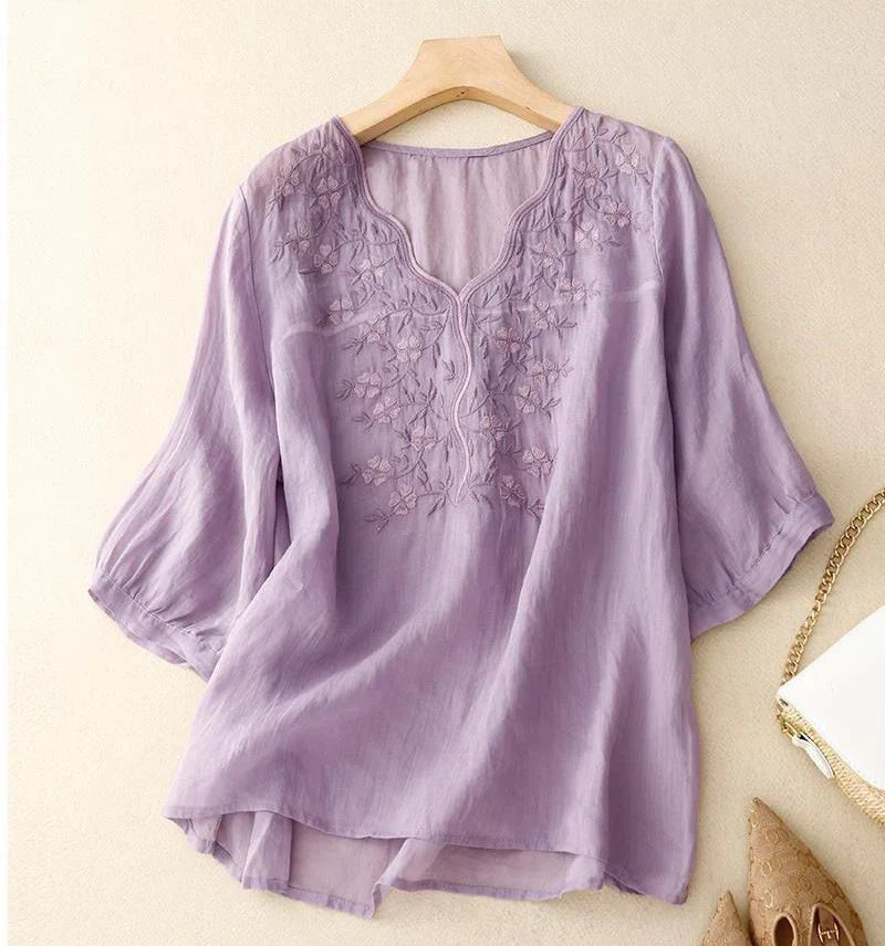 Women's Cotton Linen V Neck Retro Embroidered comfort Casual Top