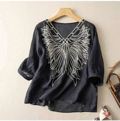 Stylish Pure Cotton V-Neck Embellished Embroidered Top