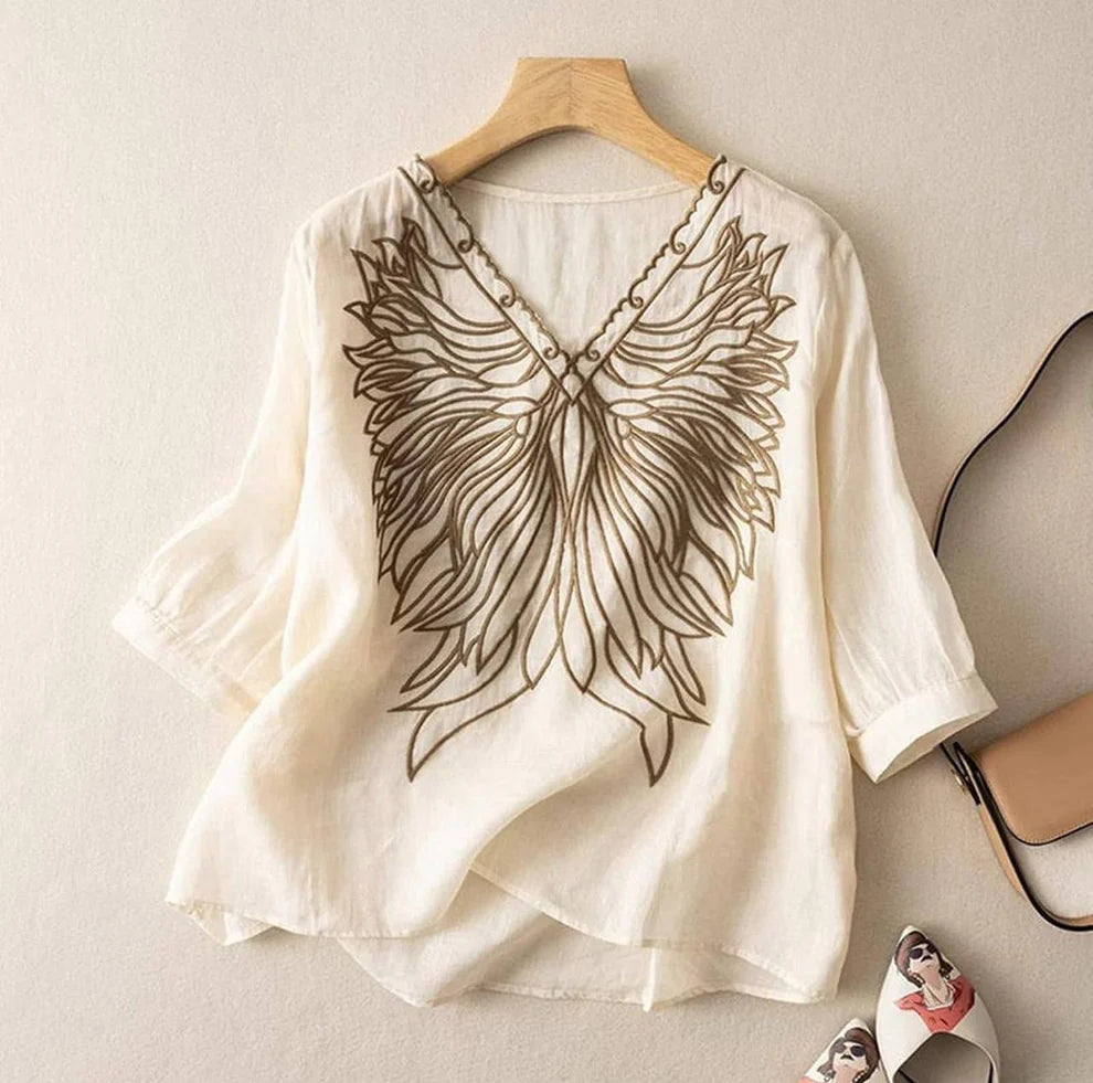 Stylish Pure Cotton V-Neck Embellished Embroidered Top