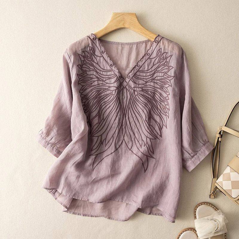 Stylish Pure Cotton V-Neck Embellished Embroidered Top