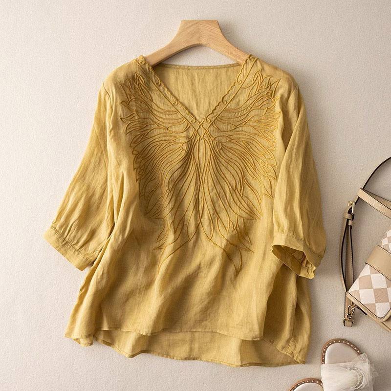 Stylish Pure Cotton V-Neck Embellished Embroidered Top