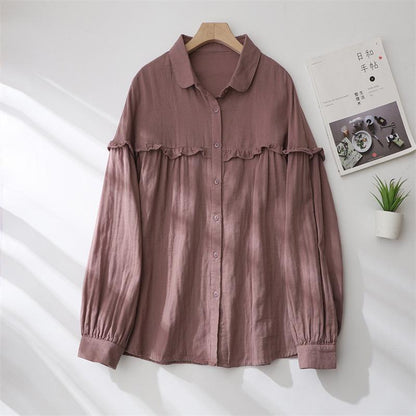 Down Shoulder Cotton Ruffle Loose Fit Shirt